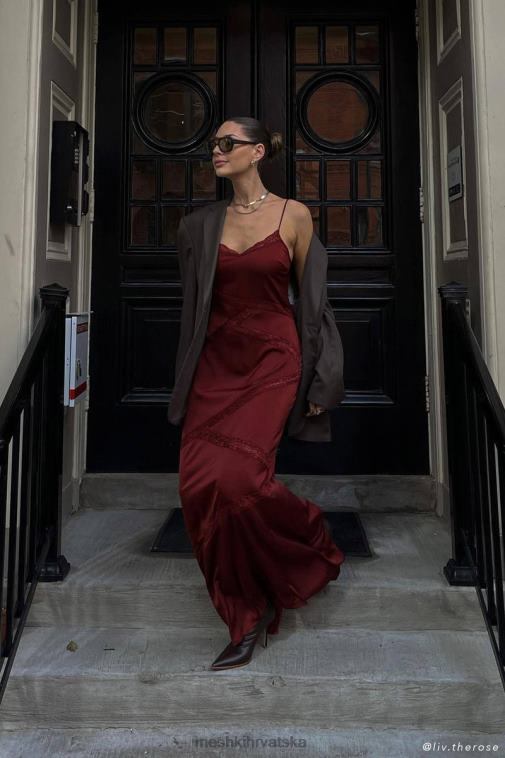 Meshki maksi haljina od spojene čipke XH4NH508 odjeća čokolada od višanja